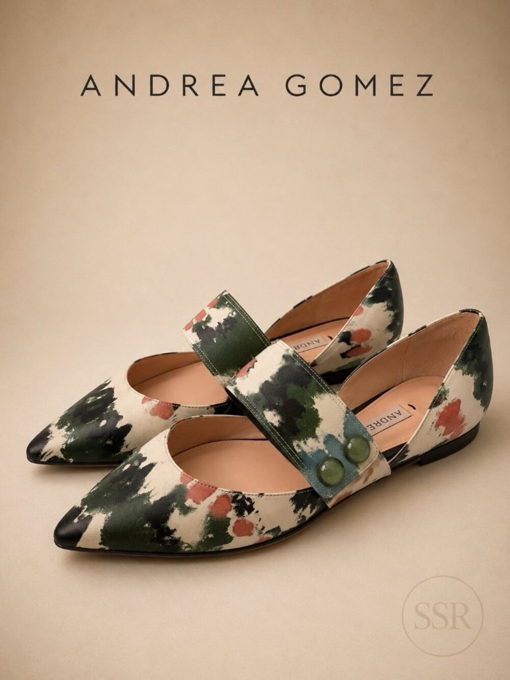 Andrea Gomez Dakota Nappa Leather Mary Jane Flats Green Abstract Print Size 7.5
